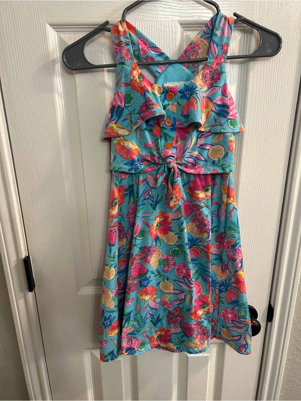 Jona Michelle girls size 10 blue floral fruit tropical sleeveless dress